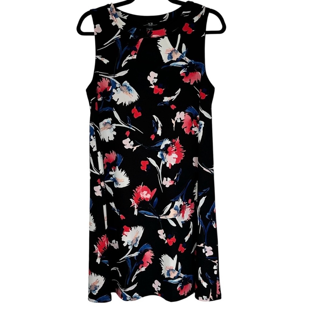 AGB Black/Vibrant Floral Sleeveless Shift Dress High Neck Keyhole Mini Midi M